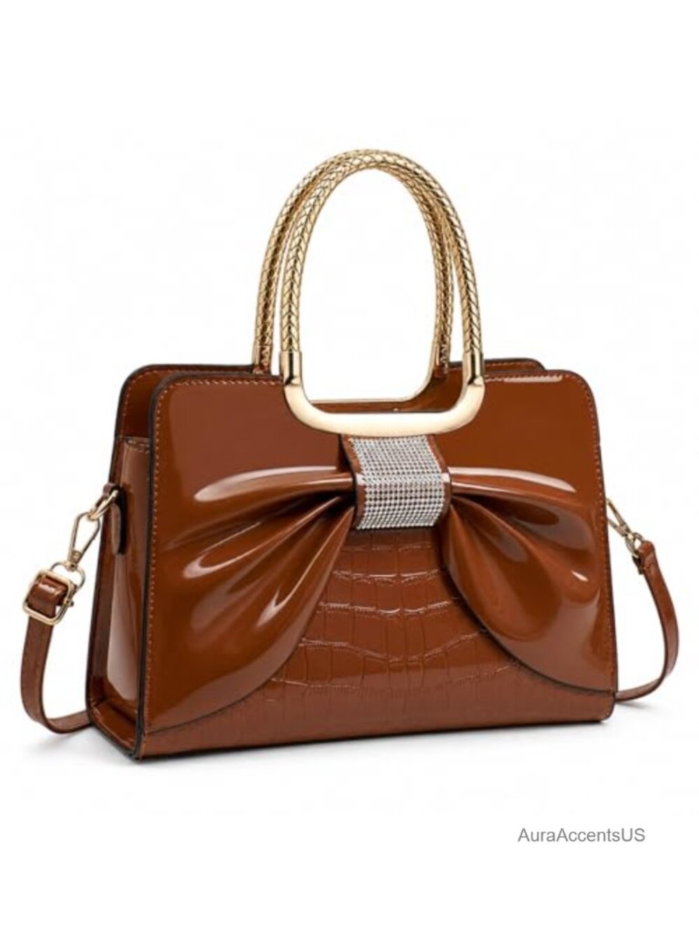 Glossy Patent Leather Satchel Handbag Top Handle Shoulder Tote Adjustable Strap